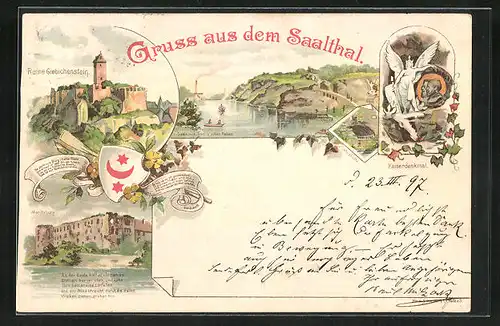 Lithographie Halle /Saale, Ruine Giebichenstein, Moritzburg, Kaiserdenkmal