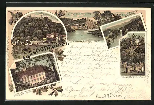 Lithographie Lichtenwalde, Schloss Lichtenwalde m. Mühle im Zschopauthal, Harras-Eiche & Harras-Denkmal