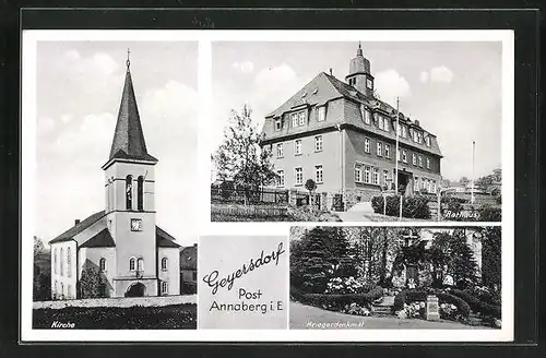 AK Geyersdorf, Kirche, Rathaus, Kriegedenkmal