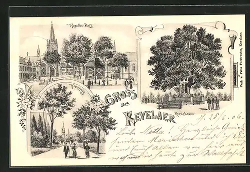 Lithographie Kevelaer, Kapellen-Platz, Kreuzbaum, Kreuzweg