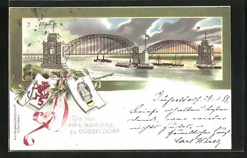 Lithographie Düsseldorf, Dampfer unter der Rheinbrücke