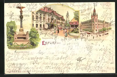 Lithographie Erfurt, Kriegerdenkmal, Hauptpost und Markt