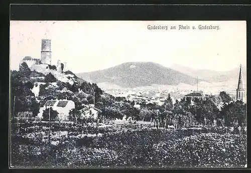 AK Godesberg am Rhein, Ortsansicht mit Godesburg