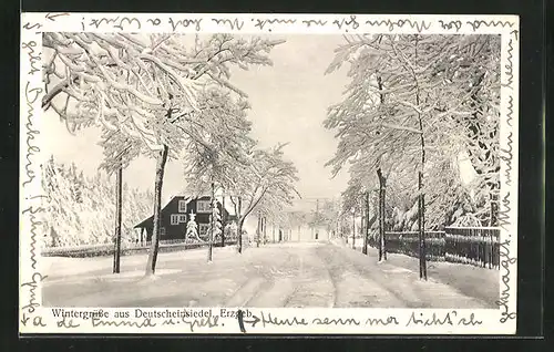 AK Deutscheinsiedel / Erzgeb., vereiste Strasse im Winter