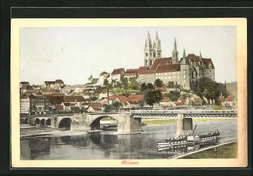 AK Meissen, Ortsansicht mit Kirche, Brücke und Dampfer Tetschen