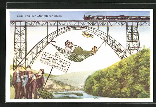AK Müngsten, Müngstener Brücke mit Faulenzerverein und Eisenbahn