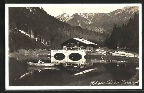 AK Garmisch, Pflegersee mit Restaurant & Ruderer