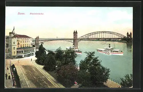 AK Bonn, Rheinbrücke mit Raddampfern