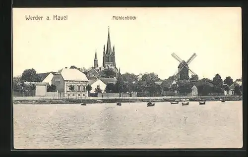 AK Werder a. Havel, Ortsansicht mit Windmühle und Kirche