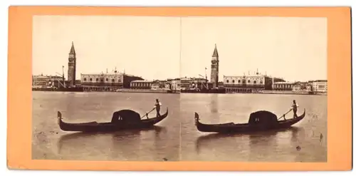 Stereo-Fotografie unbekannter Fotograf, Ansicht Venedig, Gondoliere vor der Stadt