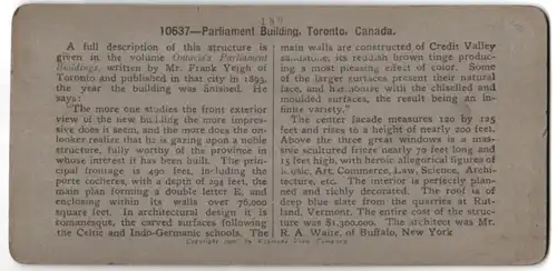 Stereo-Fotografie Keystone View Co., Meadville / PA., Ansicht Toronto, Aufzug vor dem Parliament Building