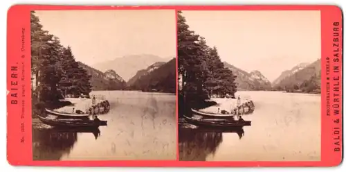 Stereo-Fotografie Baldi & Würthle, Salzburg, Ansicht Thumsee / Bayern, Seeblick gegen Karlstein & Untersberg