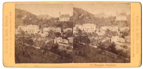 Stereo-Fotografie J. F. Stiehm, Berlin, Ansicht Tharandt, Ortsansicht mit Kirche & Eisenbahntrasse