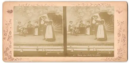 Stereo-Fotografie unbekannter Fotograf und Ort, Portrait Tanz der Schlierseer, Tracht, Zither