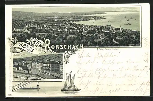 Lithographie Rorschach, Bahnhof und Hafen, Panorama