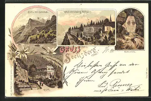 Lithographie Seelisberg, Hotel Sonnenberg, Rütti, Rütli