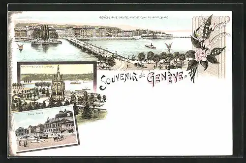 Lithographie Genève, Monument du Duc de Brunswick, Place Neuve, Panorama
