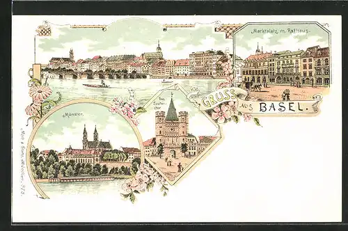 Lithographie Basel, Spalenthor, Münstzer, Marktplatz mit Rathaus