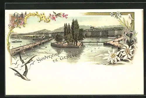 Lithographie Genève, Panorama mit Brücke