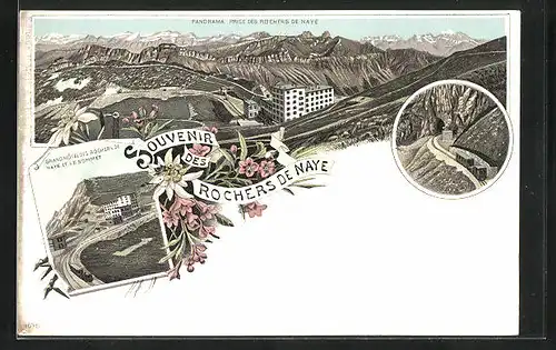 Lithographie Rochers de Naye, Grand Hotel et le Somnet, Panorama, Bergbahn