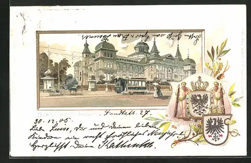 Passepartout-Lithographie Dortmund, Restaurant Fredenbaum, Wappen, Strassenbahn