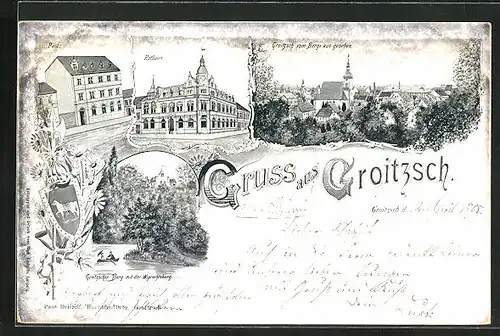 Lithographie Groitzsch, Rathaus, Post, Berg mit Wiprechtsburg