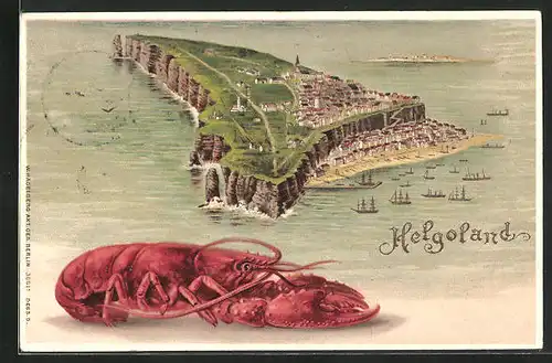 Lithographie Helgoland, Abbildung der Insel mit Hummer