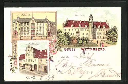 Lithographie Wittenberg, Mittelschule, Lutherhaus, Melanchthonhaus