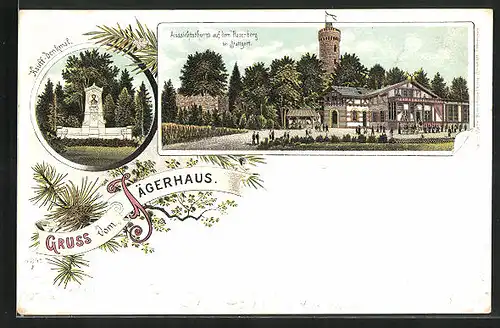 Lithographie Stuttgart, Gasthof Jägerhaus, Aussichtsturm, Hauff-Denkmal