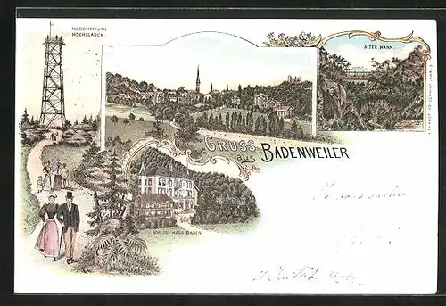 Lithographie Badenweiler, Alter Mann, Aussichtsturm Hochblauen, Schloss Haus Baden