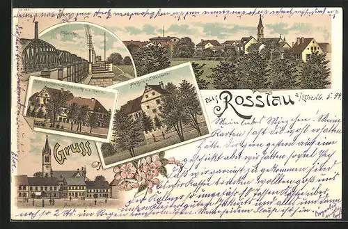 AK Rosslau a. Elbe, Elbbrücke, Markt mit Kirche, Alte Burg