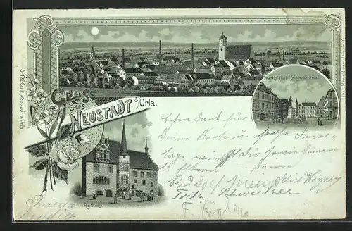 Mondschein-Lithographie Neustadt a. Orla, Rathaus, Marktplatz mit Kriegerdenkmal, Panorama