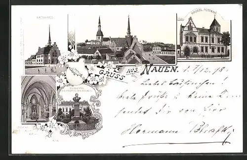 Lithographie Nauen, Kaiserliches Postamt, Rathaus, Denkmal Friedrich Wilhelm I