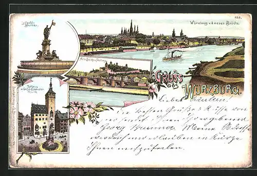 Lithographie Würzburg, Luipold-Brunnen, Rathaus mit Gräfin-Eckardts-Thurm