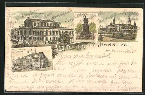Lithographie Hannover, Krieger-Denkmal, Continental-Hotel in der Georgstrasse, Königl. Theater