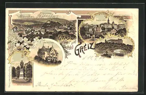 Lithographie Greiz, Odd-Fellow-Heim, Unteres Schloss, Kaiser-Denkmal