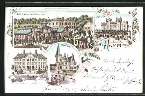 Lithographie Hamm i. Westf., Bahnhof, Ständehaus, Oberlandesgericht