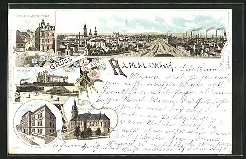 Lithographie Hamm i. W., Grosse Weststrasse, Gymnasium, Bahnhof