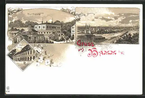 Lithographie Hamm i. W., Kurhaus, Rathaus, Totalansicht