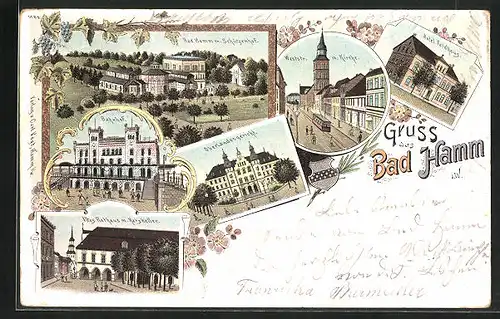 Lithographie Hamm i. W., Hotel Feldhaus, Bahnhof, Weststrasse mit Kirche