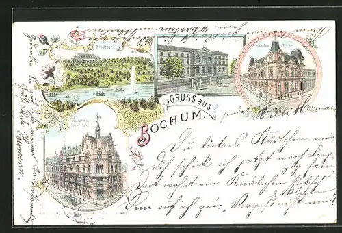 Lithographie Bochum, Waaren-Haus Josef Wolff, Bergschule, Stadtpark