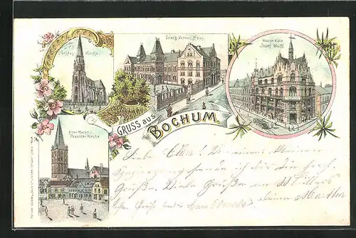 Lithographie Bochum, Waaren-Haus Josef Wolff, Evang. Vereins-Haus, Alter Markt