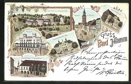 Lithographie Bad Hamm i. W., Hotel Feldhaus, Bahnhof, Weststrasse