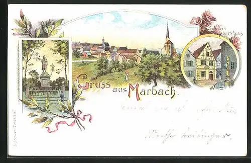 Lithographie Marbach, Schiller`s Geburtshaus, Denkmal, Panorama