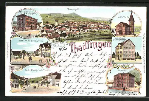 Lithographie Thailfingen, Partie an der Hauptstrasse, Schulhaus Gartenstrasse, Rathaus