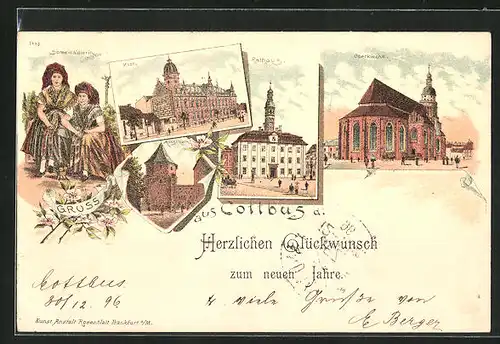 Lithographie Cottbus, Spreewälderin, Oberkirche, Rathaus
