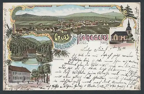 Lithographie Hohegeiss /Harz, Post, Wolfbachmühle, Kirche