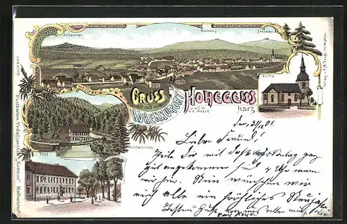 Lithographie Hohegeiss /Harz, Post, Wolfbachmühle, Kirche