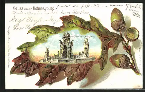 Passepartout-Lithographie Hohensyburg, Kaiser-Denkmal, Eichenblatt