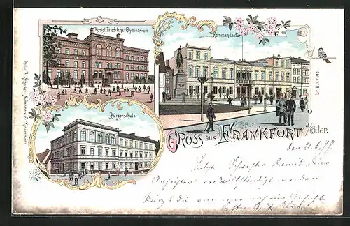 Lithographie Frankfurt /Oder, Kommandantur, Bürgerschule, König-Friedrichs-Gymnasium